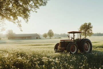 Obraz premium tractor in a sunlit meadow near an old wooden barn, surrounded by wildflowers and trees, symbolizing peaceful rural life and traditional farming