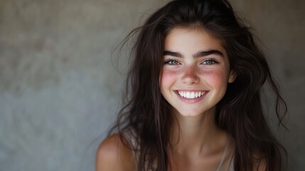 Obraz premium Portrait of smiling Girl with natural makeup and white teeth on gray background, AI generated image