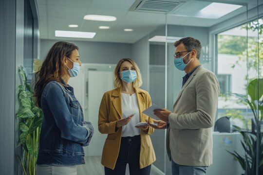 Business professionals wearing face masks having a discussion in a modern office, symbolizing workplace safety, communication, and pandemic precautions