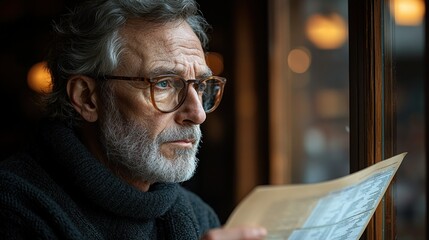 Senior man reading newspaper by cafe window, city lights blur
