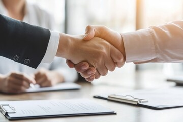 Handshake between two business professionals in a formal setting, symbolizing agreement, partnership, or successful negotiation, with documents and a third person in the background