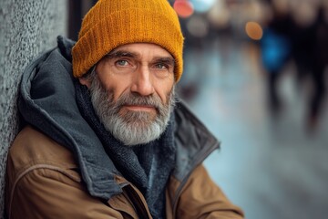 Fototapeta premium Portrait of an older man with a gray beard wearing a yellow beanie and warm clothing, sitting against a wall in an urban environment, symbolizing resilience and contemplation