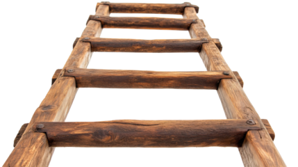 Old wooden ladder extending upwards on transparent background