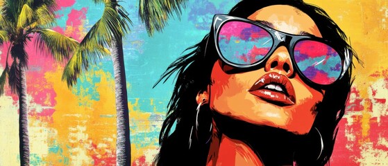 Stylish woman with sunglasses and red lips in a vibrant tropical setting with palm trees, a colorful pop art illustration with a summer mood