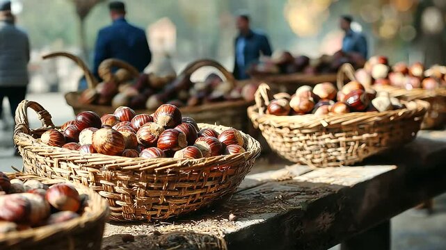 Harvesting Chestnuts in Autumn with Baskets of Nuts
