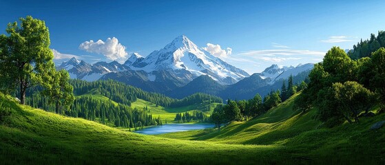 Fototapeta premium Serene Mountain Landscape at Dawn Sunrise Over SnowCapped Peaks Serene Lake Reflections Vibrant Green Trees