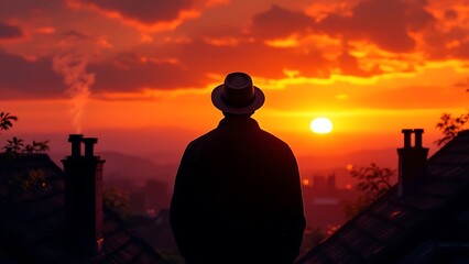 Silhouette of a chimney sweep on a rooftop at sunset, symbolizing seasonal chimney cleaning.