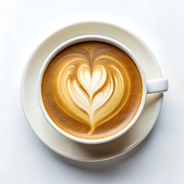Top view of white cup of art latte coffee with heart shape White background Generative Ai.