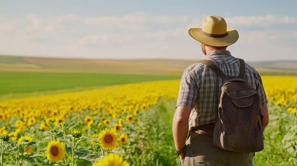 A farmer in a straw hat stands in a vibrant sunflower field under a clear blue sky, contemplating nature