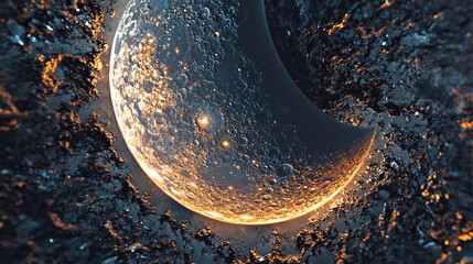 glowing crescent moon with textured surface and luminous edges in cosmic dark space creating golden abstract celestial art