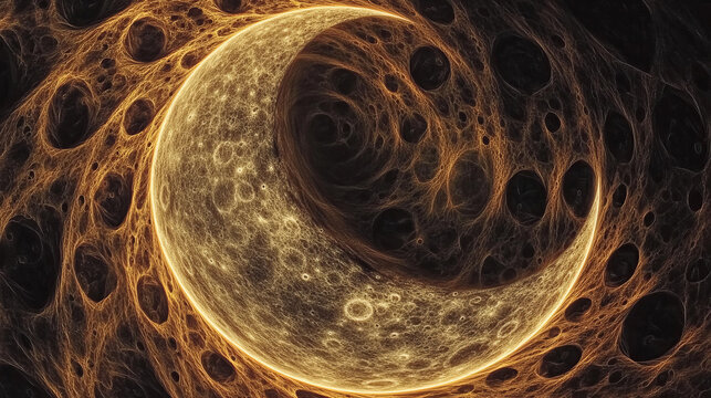 cosmic fractal art with golden crescent moon in glowing filament network amid abstract dark space background
