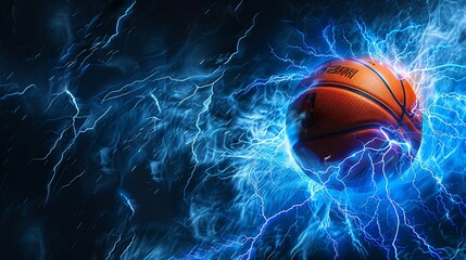 Basketball ball and lightning on blue background.