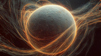 moon-like celestial body with fiery energy filaments and cosmic glow in deep space digital sci-fi art background
