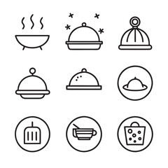 A modern, editable vector illustration featuring a set of thin-line icons related to catering. The icons cover various aspects of nourishment such as service.