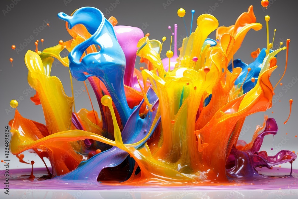 Poster dynamic paint splash in various colors exploding upwards, creating a vibrant and energetic visual