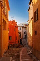 Street in Menton, narrow houses, narrow streets, magical old part of Menton.