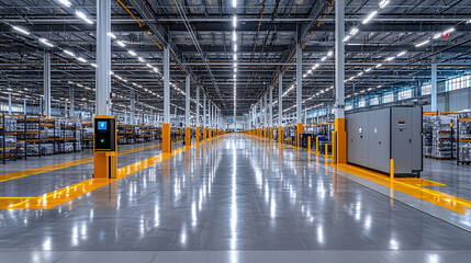 Fototapeta premium A clean and spacious distribution center with security checkpoints, motion sensors, and AI-powered surveillance ensuring safety. The modern industrial design with bright lighting creates an atmosphere
