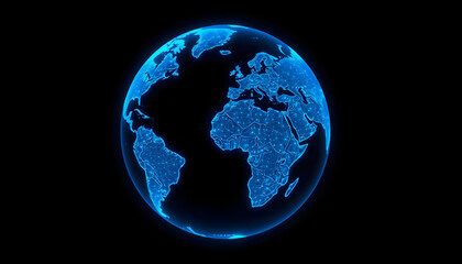 Creative glowing blue map or globe hologram on dark background. Earth, metaverse and technology concept. 3D Rendering, pixel art, with white tones