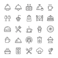 A modern, editable vector illustration featuring a set of thin-line icons related to catering. The icons cover various aspects of nourishment such as service.