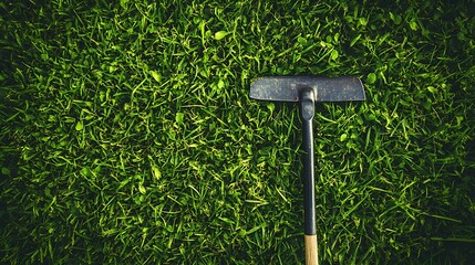 The vibrant green grass with manual small scythe gardening with sharp razor tool