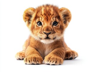 Obraz premium A cute lion cub resting with a curious expression on a white background.