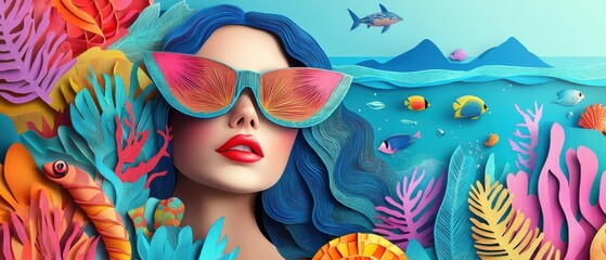 Stylish woman with blue hair wearing pink sunglasses in a vibrant underwater scene with colorful coral, fish, and sea life Concept of summer, fashion, and fantasy