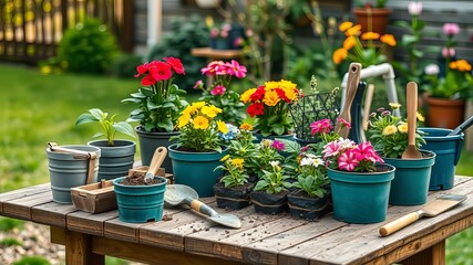 Spring Urban Garden Planting Flowers - Colorful Pots & Tools