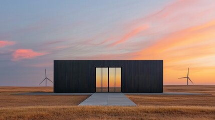 Obraz premium A modern black structure stands in a vast field, framed by a vibrant sunset and wind turbines, showcasing a blend of architecture and nature.