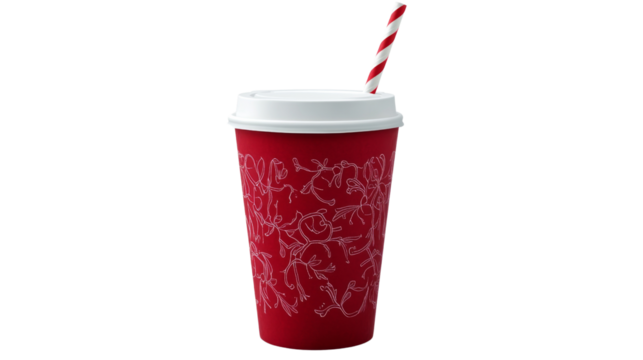 Red christmas themed coffee cup with white lid and red and white straw on transparent background