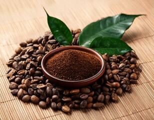 una mezcla de granos de cafe tostados con hojas de t&eacute; e infusi&oacute;n