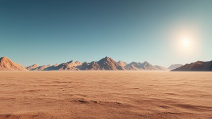 Fototapeta premium A vast desert landscape with distant mountains under a clear blue sky and a bright sun shining above.