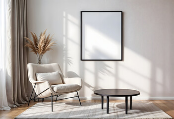 Blank Poster Frame Mockup in Elegant Minimalist Living Room with Black Coffee Table and Armchair