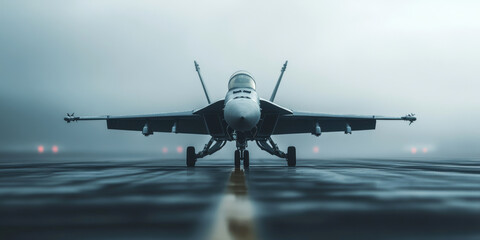 Fototapeta premium Fighter jet on foggy runway preparing for takeoff with dramatic lighting and powerful aviation presence