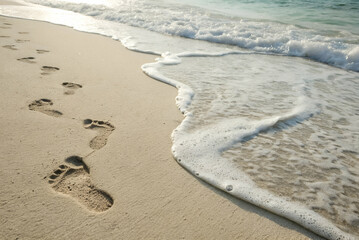 stress management, Tranquil beach scene featuring footprints in soft sand, kissed by gentle waves, evoking serenity and connection to nature.