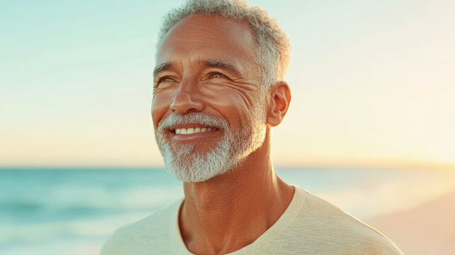 Smiling Mature Man Enjoying Beach Sunset with Joyful Expression