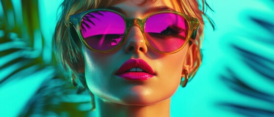 Fototapeta premium Closeup portrait of a young adult white woman with pink lips and sunglasses reflecting palm trees, in a vibrant and colorful tropical setting Concept of summer, fashion, and vacation