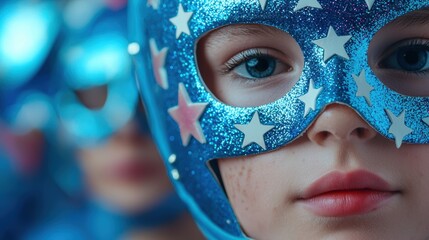 Galaxy outer space party. Close-up of a child wearing a sparkly blue mask with stars, conveying a sense of wonder and playfulness.