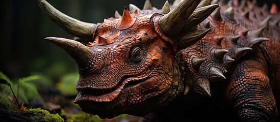 Triceratops dinosaur head in the forest, close up