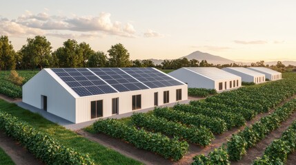 A serene landscape featuring modern farm buildings with solar panels, surrounded by lush vineyards and mountains in the background, showcasing sustainable agriculture.