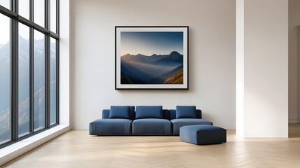 Minimalistisches Wohnzimmer mit großem Landschaftsbild an der Wand – Stilvolle Einrichtung mit Naturmotiven  

