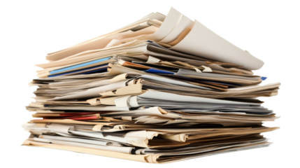 Stack of old paper documents forming a pile on transparent background