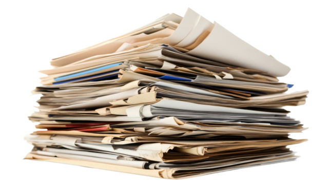 Stack of old paper documents forming a pile on transparent background