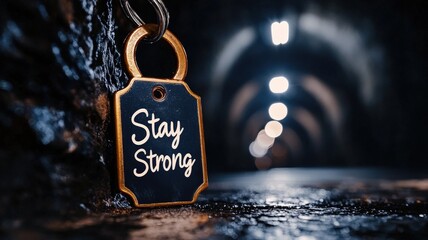 stay strong concept. A motivational tag hangs in a dimly lit tunnel, promoting resilience and strength.