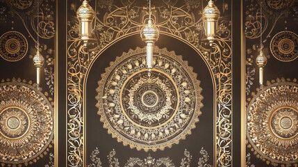 Obraz premium stunning islamic calligraphy art with gold arabesque patterns and mosque interior design featuring intricate geometric and ornate elements