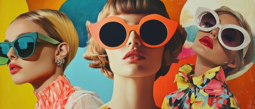 Three stylish white women wearing colorful sunglasses with retro fashion and makeup, posing against vibrant abstract background Concept of summer, fashion, and vintage style