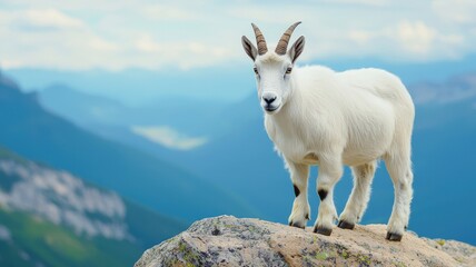 Fototapeta premium stay strong concept. A mountain goat stands proudly on a rocky outcrop, surrounded by a breathtaking landscape.