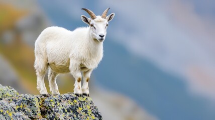 Obraz premium stay strong concept. A white goat standing on a rocky ledge with a blurred mountain background.