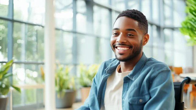 Contented handsome young disabled student African American black sitting in wheelchair and looking at camera in modern hall of educational institution with big windows. Academic cooperation in univers