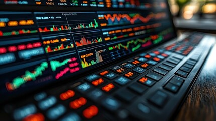 Fototapeta premium Stock market data on laptop screen with blurred background at night