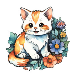 kitten in garden flowers ornament vector sticker